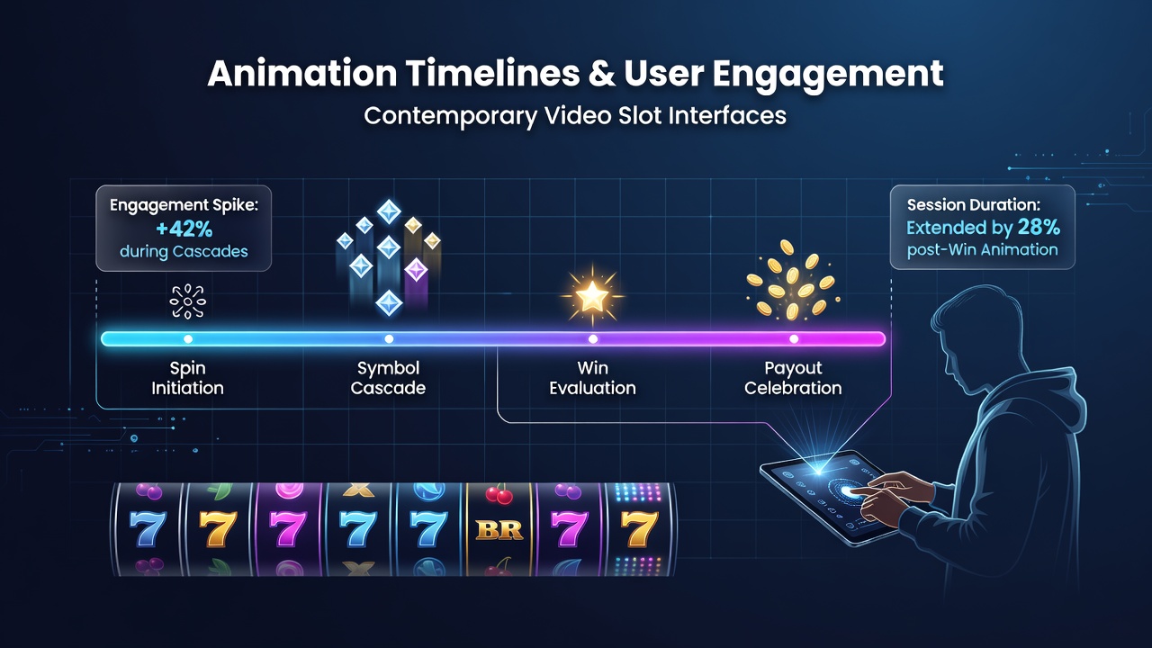 Detailed breakdown of animation timeline layers including reel stops, symbol highlights, and feature transitions in a contemporary slot