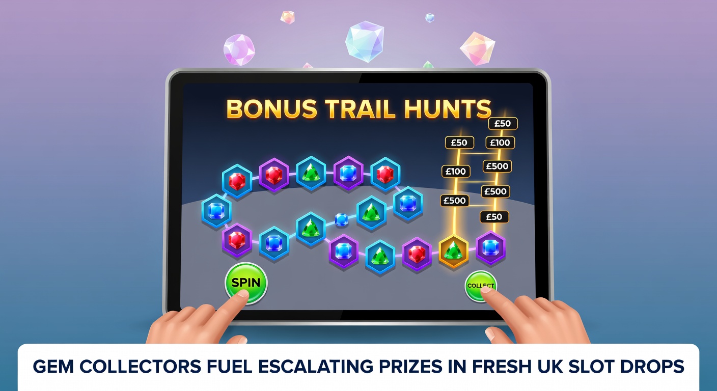Close-up of a slot bonus trail midway through, gems sparkling in emerald and ruby hues as the prize meter climbs toward jackpot explosion