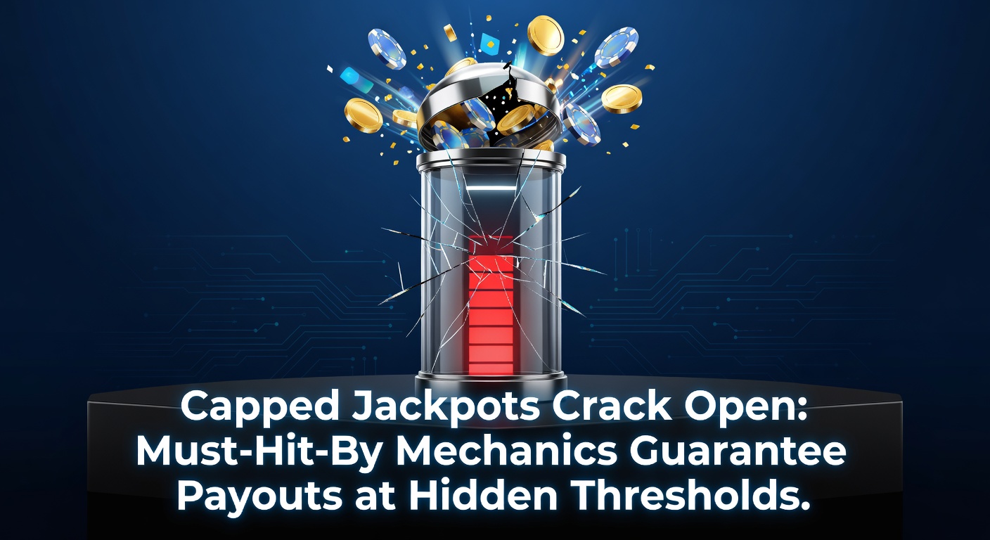 Vibrant slot machine screen displaying a capped jackpot meter nearing its must-hit threshold, with coins bursting out in a celebratory payout animation
