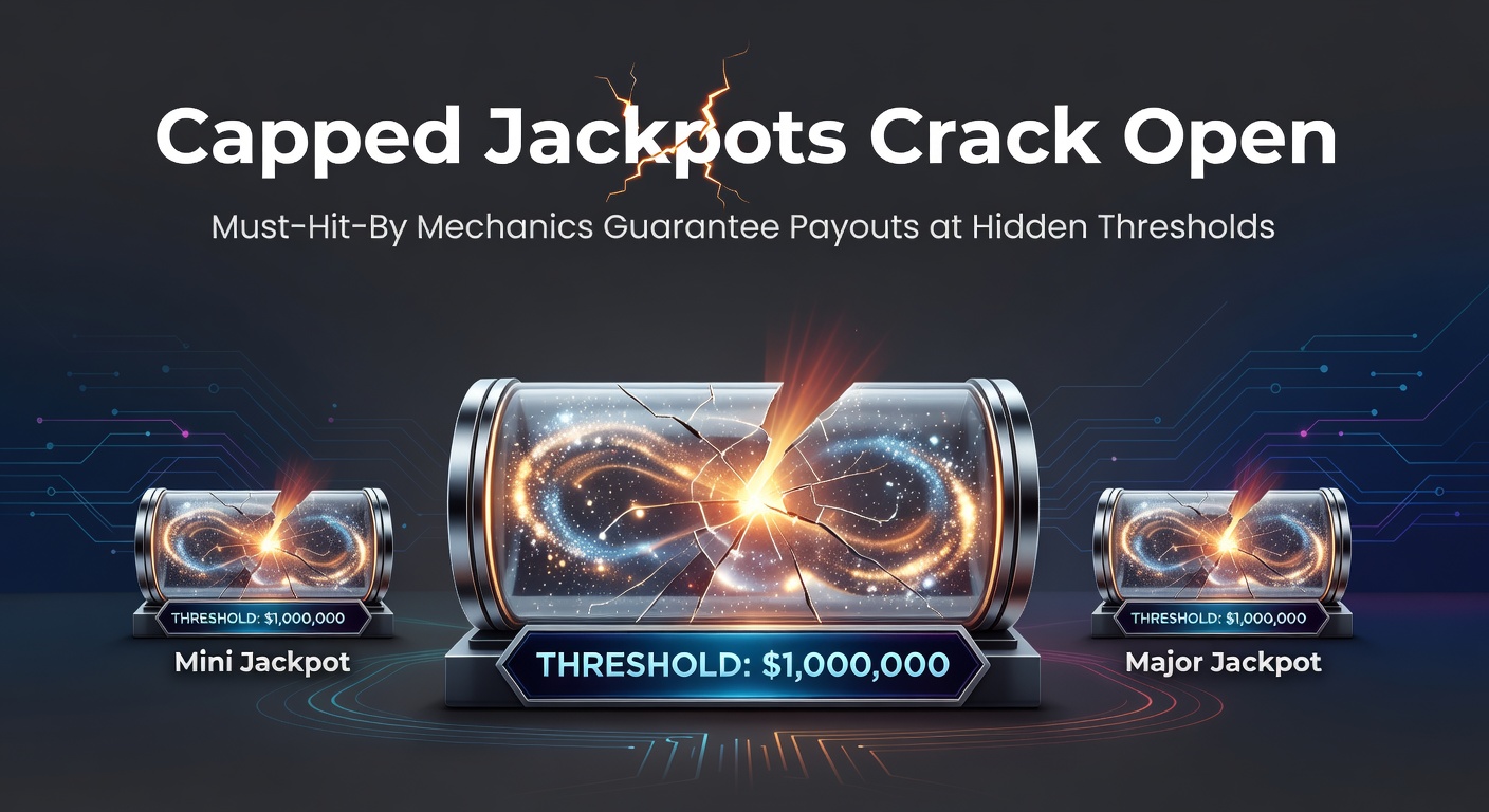 Close-up of a casino jackpot payout moment, with a player celebrating a must-hit-by win as lights flash and tickets print massive credits
