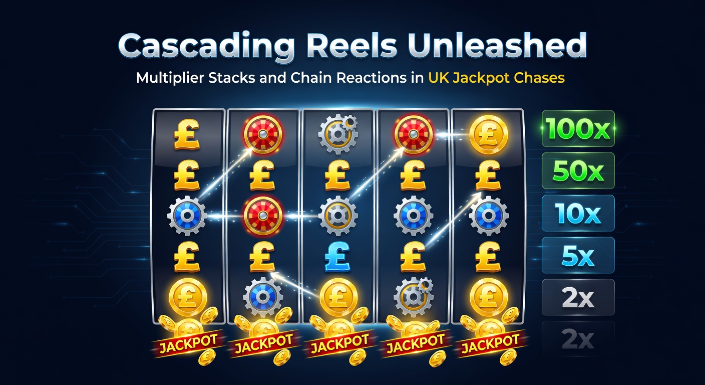 Close-up of multiplier stack exploding on cascading reels, with chain reactions lighting up jackpot meters in a high-stakes UK slot session