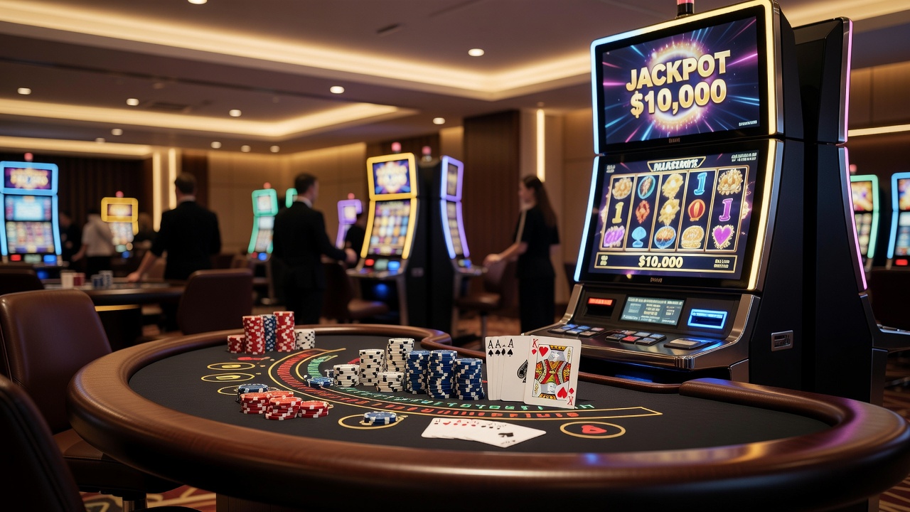 Diverse casino gaming floor showing table games and slot machines in an international venue