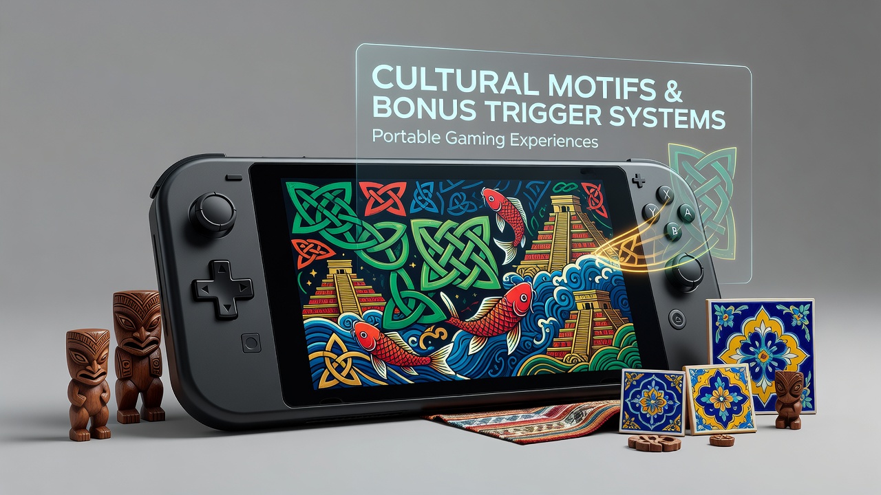 Mobile gaming screen displaying integrated cultural motifs in bonus trigger mechanics
