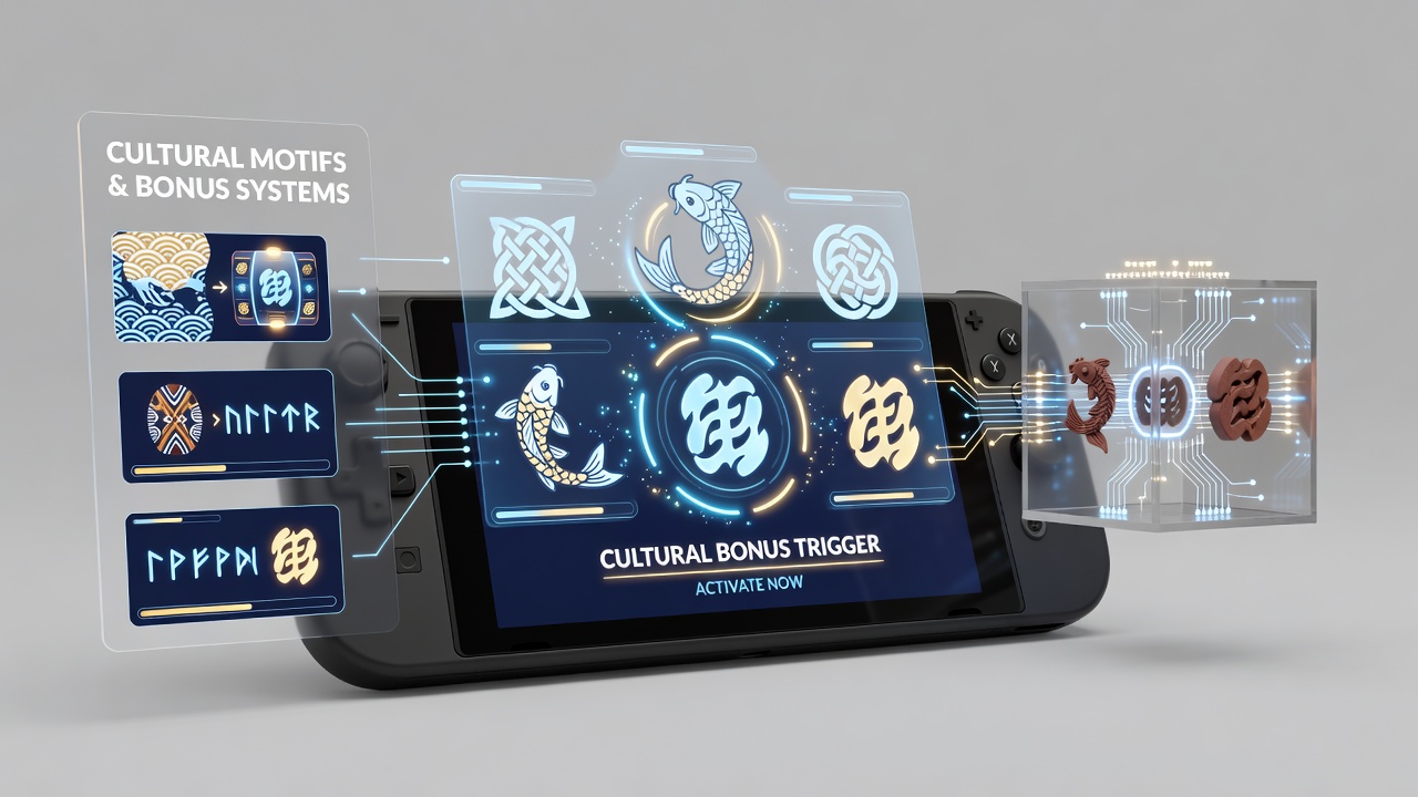 Close-up view of cultural motifs activating a bonus sequence on a portable gaming device