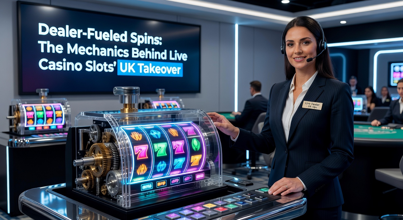 Live dealer interacting with a high-tech slot machine setup in a bustling studio, lights flashing as spins commence