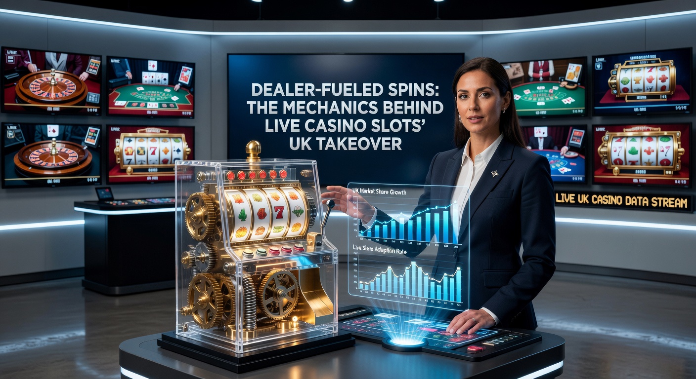 Close-up of a dealer smiling at the camera while activating a bonus feature on a vibrant live slot wheel, confetti effects bursting in the background