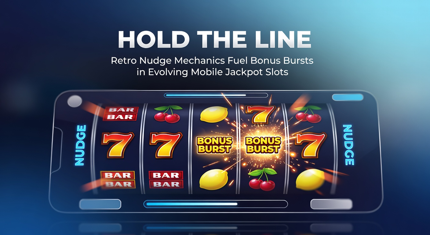 Close-up of a jackpot slot bonus burst with nudging reels aligning symbols, coins exploding outward on a smartphone display