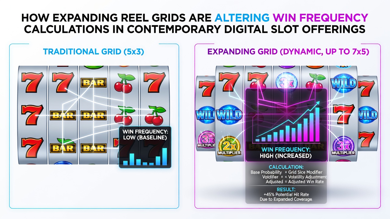 Technical diagram illustrating reel strip adjustments and probability shifts during grid expansion