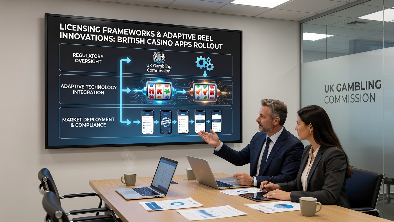 Development team reviewing adaptive reel code and compliance documentation for British casino mobile applications