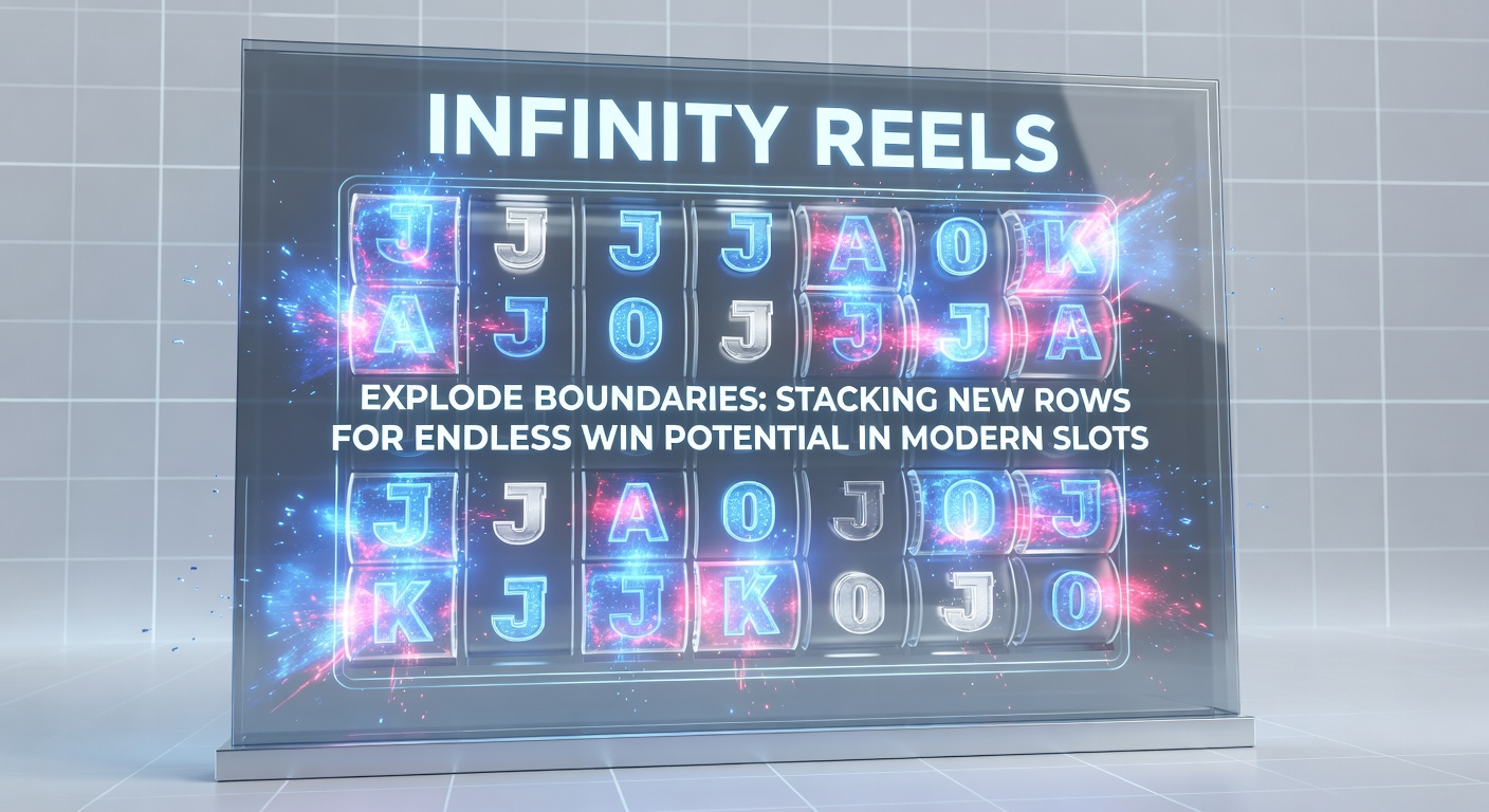 Close-up of an infinity reels slot interface with rows stacking dynamically, glowing multipliers, and exploding win lines