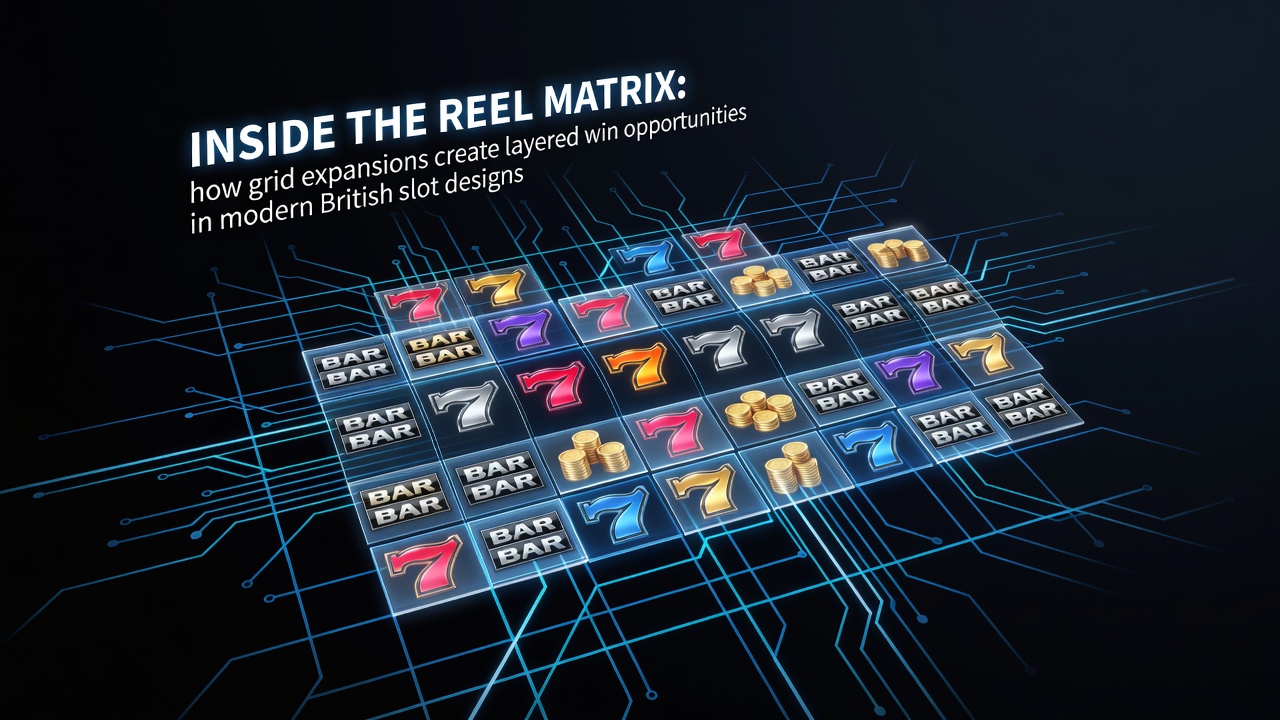 Close-up view of an expanding slot grid showing dynamic row additions and symbol alignments in a British casino game interface