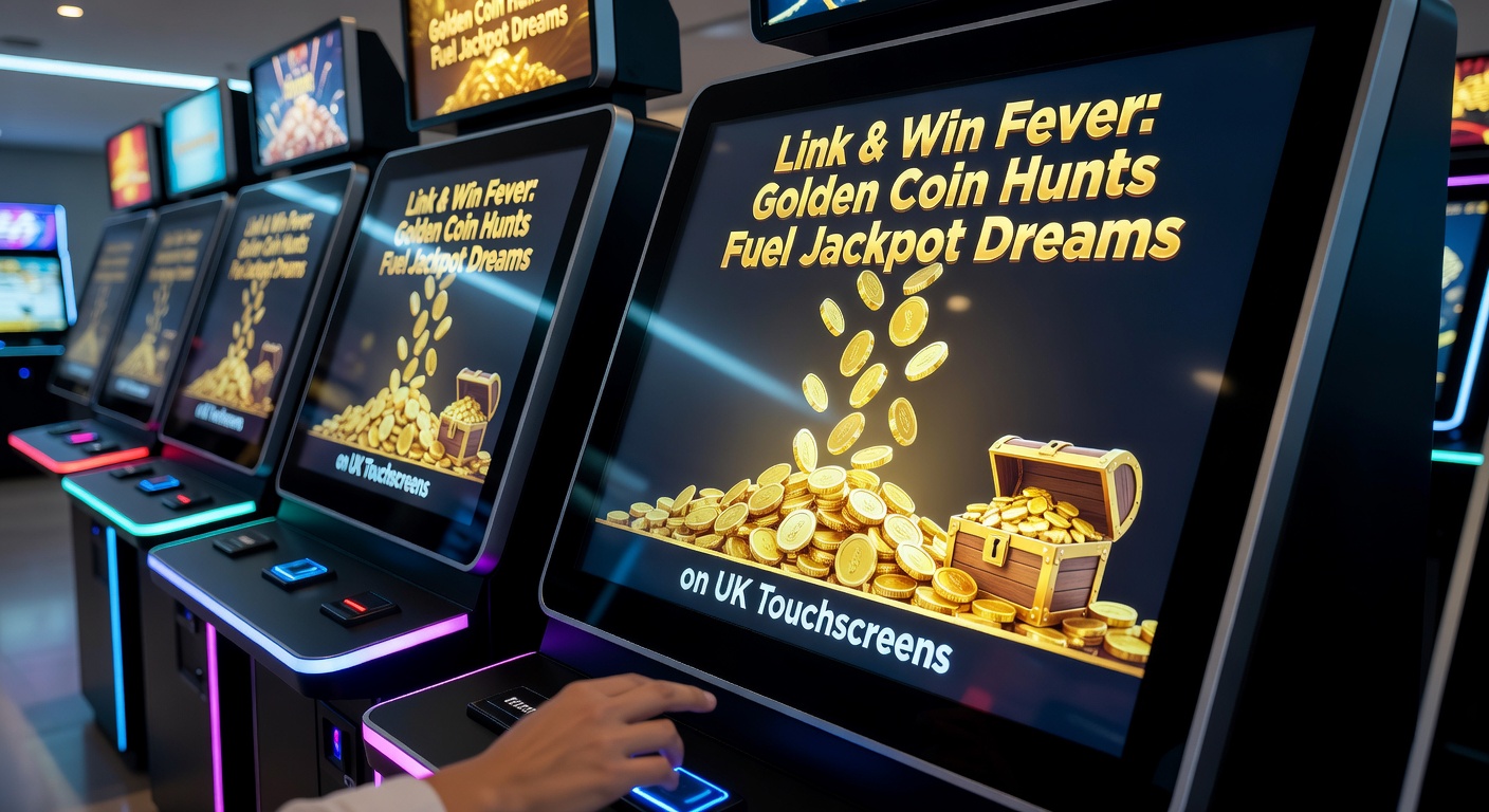 Vibrant touchscreen slot machine displaying golden coins linking to jackpot meters during a heated Link & Win bonus round