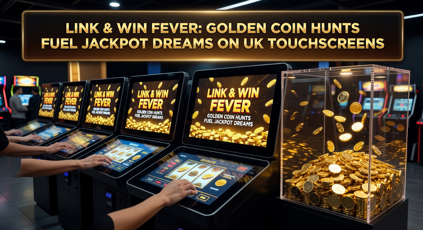 Close-up of a UK arcade touchscreen slot erupting in golden coins during a Link & Win jackpot link-up, meters overflowing with prize potential