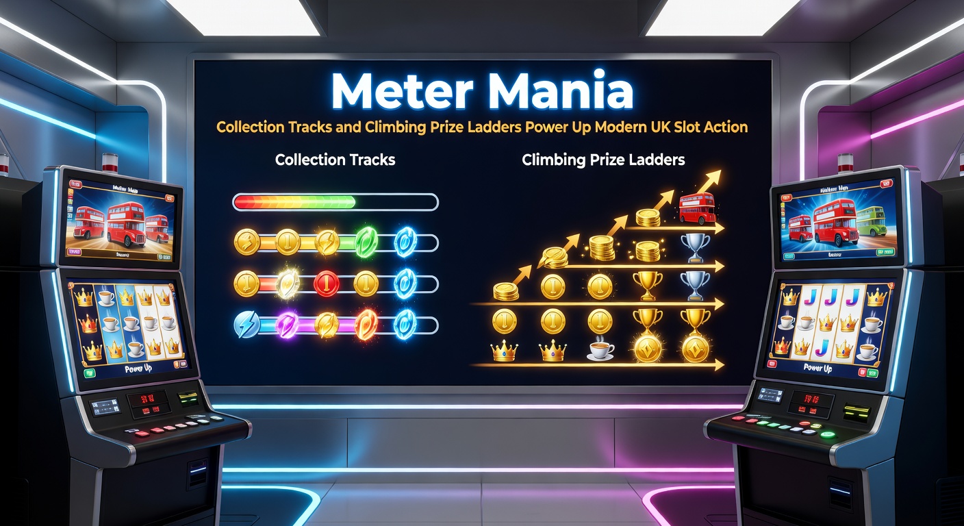 Close-up of slot interface with collection track overflowing into a prize ladder activation, symbols cascading and multipliers stacking