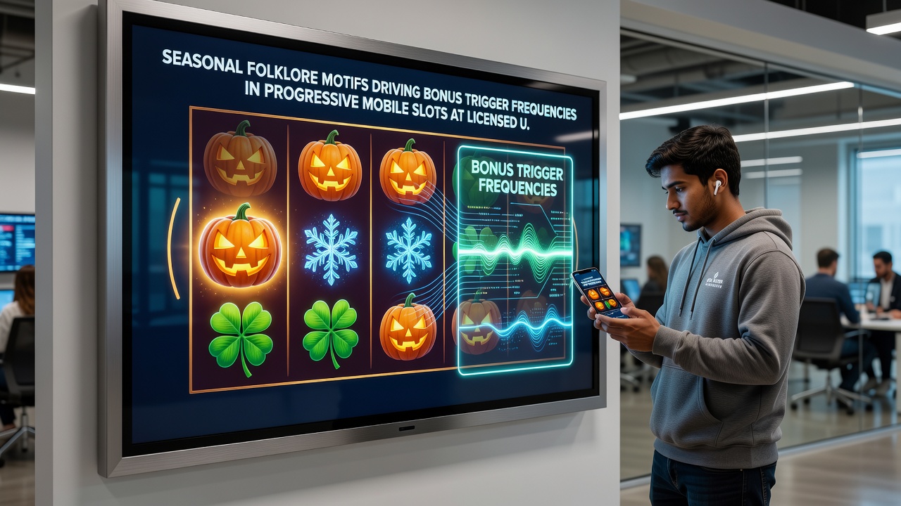 Close-up of a progressive mobile slot screen showing folklore-inspired bonus round with animated seasonal elements and jackpot counter