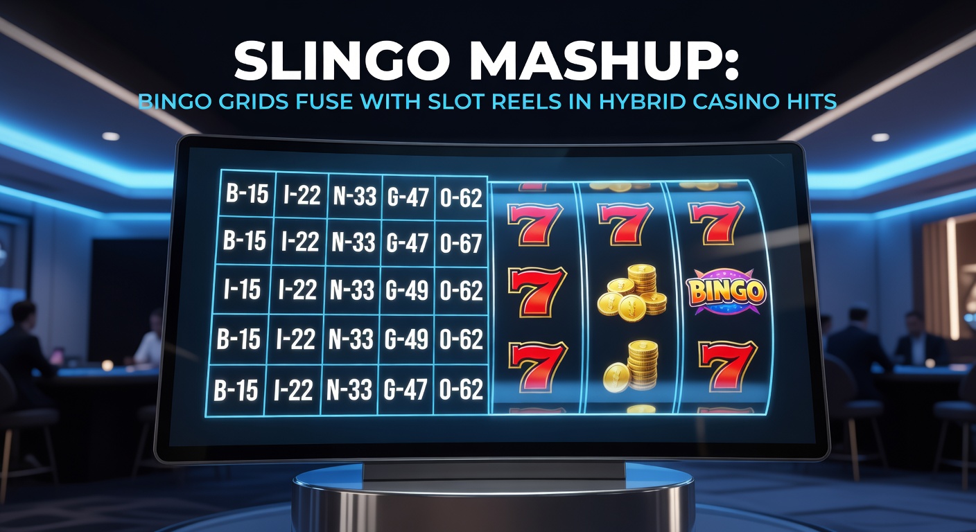 Dynamic Slingo game screen showing a 5x5 bingo grid overlaid with spinning slot reels and glowing paylines