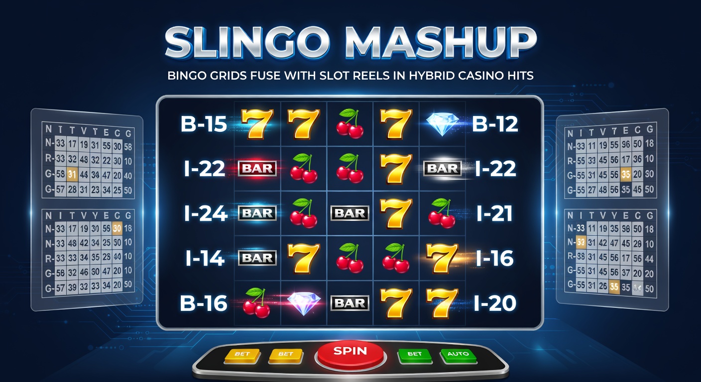 Close-up of Slingo bonus wheel activating after grid lines complete, with slot reels spinning in the background amid colorful animations