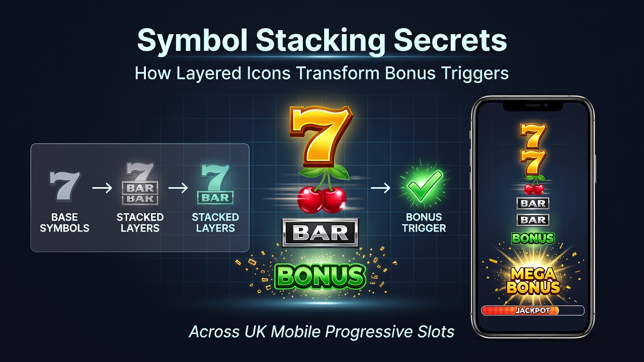 Close-up of stacked icon layers building toward a bonus trigger on a UK mobile progressive slot