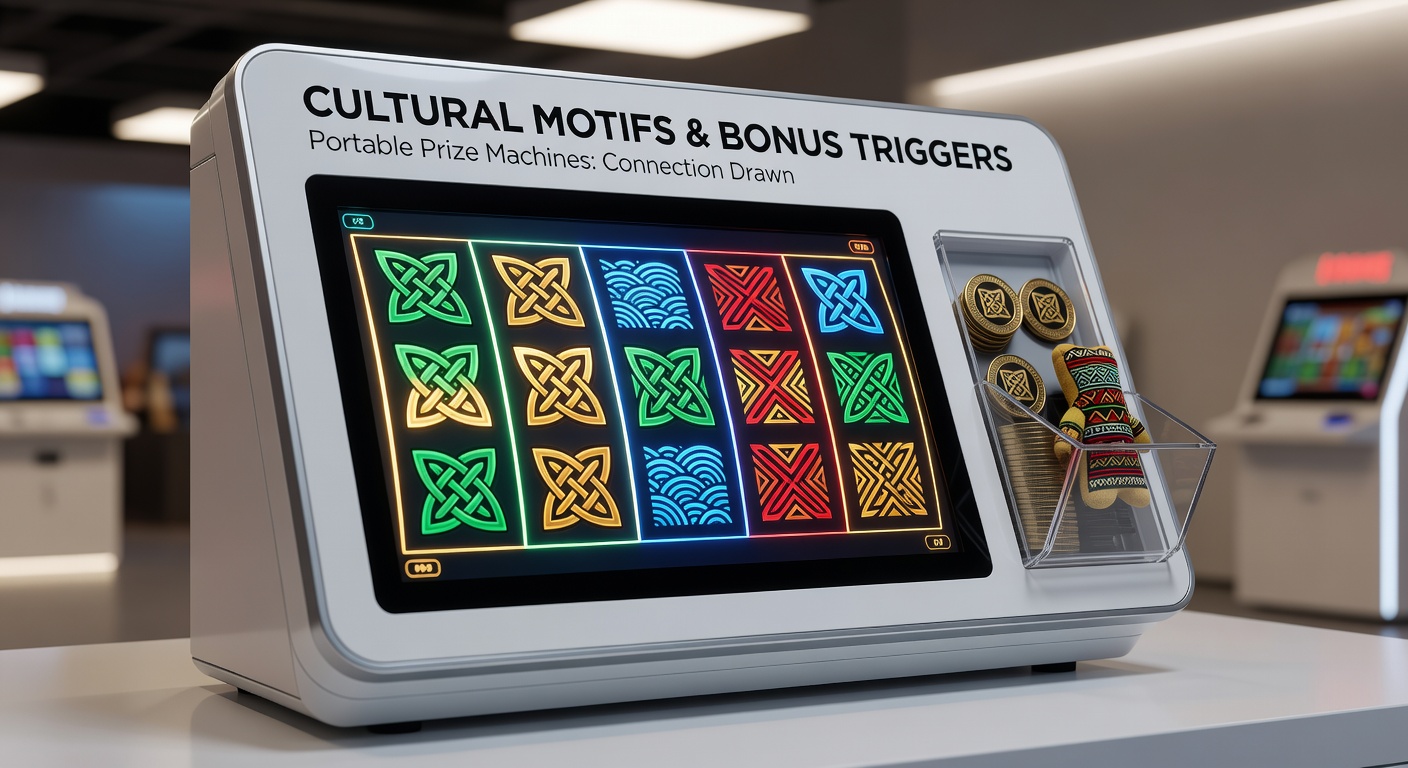 Close-up of a portable prize machine screen showing bonus round activation with cultural symbols like runes and dragons