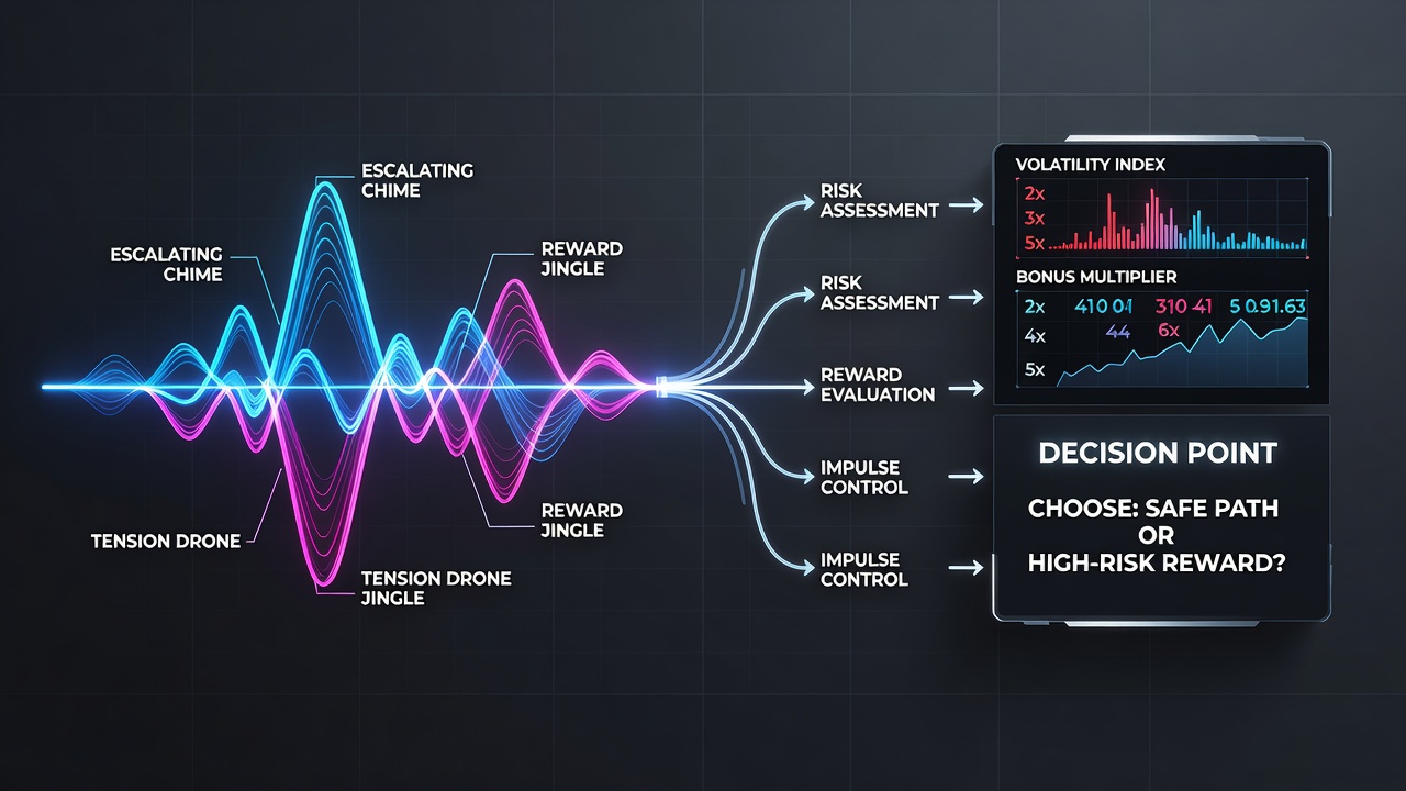 Close-up view of portable device showing sound equalizer bars synchronized with slot bonus reel spins and decision prompts