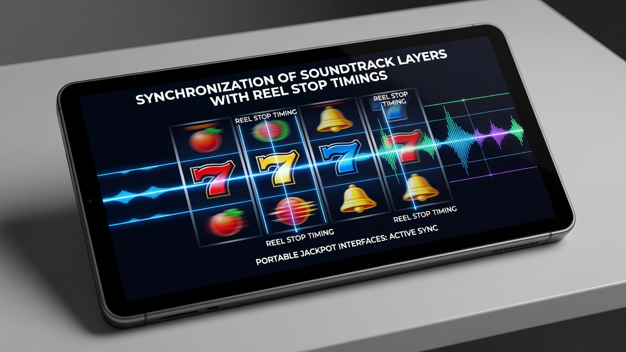 Close-up of mobile jackpot screen with audio waveform overlay on reel stops