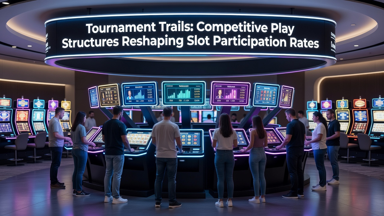 Players gathered around slot tournament leaderboards in a modern casino setting with digital displays showing real-time rankings